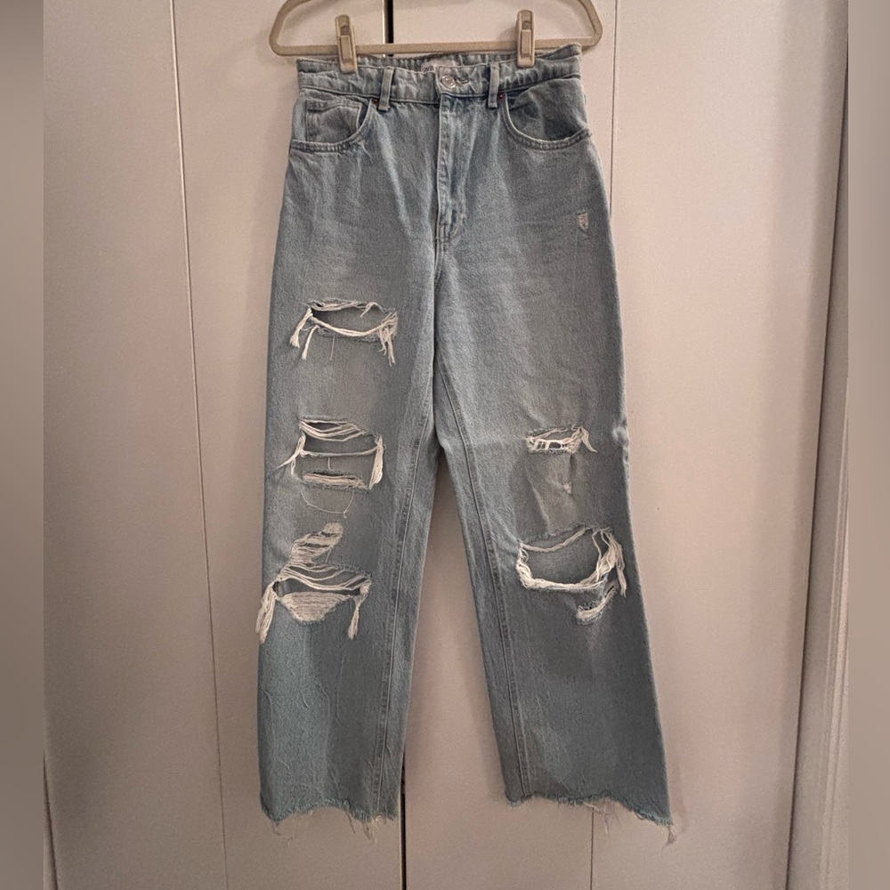 Zara High Rise - Sky Blue Ripped  Wide Leg Jeans